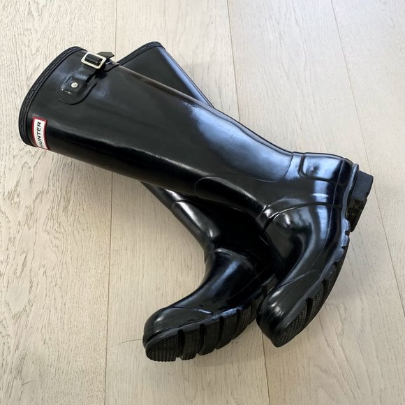HUNTER Original Black Gloss Tall Rain Boots W23616 Size 7M / 8F Womens 8 - Picture 2 of 8